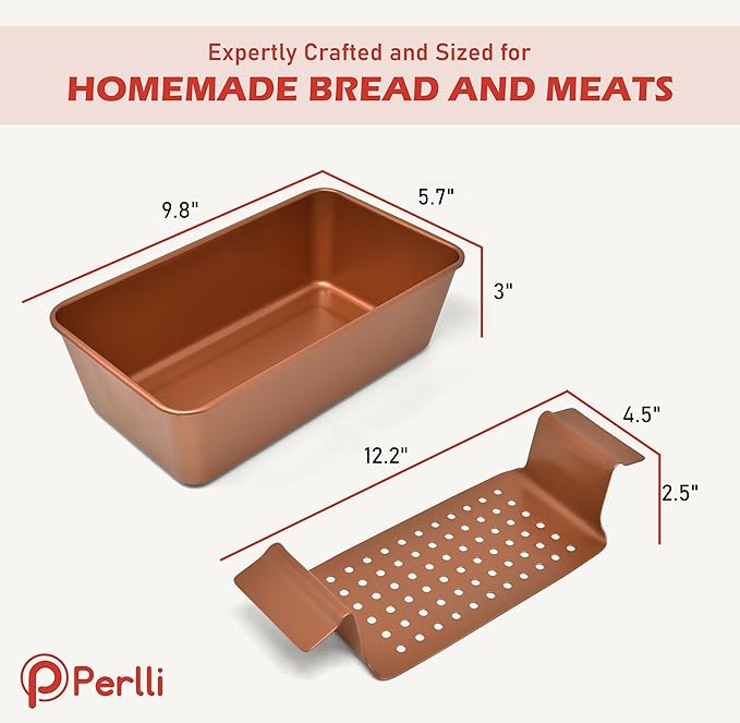 PERLLI Meat Loaf Pan with Drip Tray – 2 Pc. 9.8 x 5.7 In. Copper Nonstick Meatloaf Pan with Drain Tray – Large BPA-Free Oven Loaf Pan for Baking, Bread, Cakes, Roasting Meat, & More