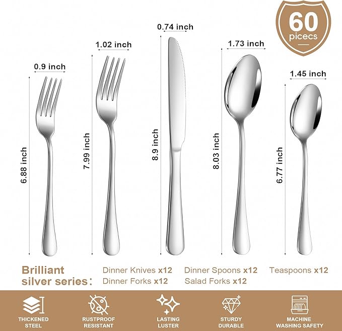 Lazycorner Silverware Set 60 Piece Stainless Steel Flatware Set Silverware Utensils for 12 People Includes Forks Knives Spoons & Salad Forks Dishwasher Safe for Home Restaurant or Outdoor Use