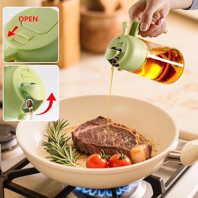 2PCS Olive Oil Sprayer for Cooking, 16oz/470ml Glass Oil Dispenser/Pour Bottle, Kitchen Accessories, Kitchen Gadgets for Air Fryer, Salad, BBQ, with Stickers (Black,Green)