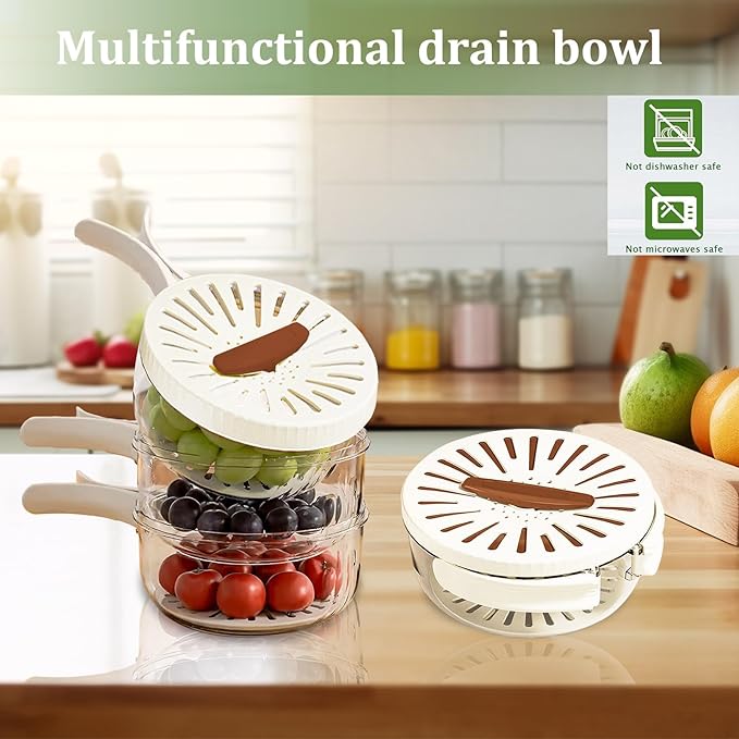 2 Pcs Fruit Vegetable Washing Bowl with Strainer,2.85QT+1QT Multipurpose Drain Basket with Lid & Foldable Handle,Fruit Strainer Container for Kitchen,Fridge,Picnics,Apartment