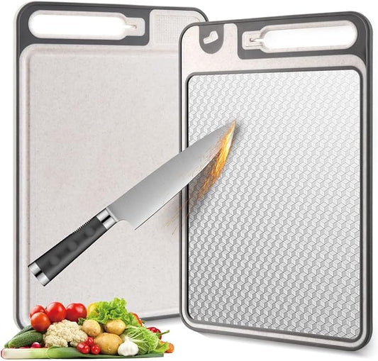 2 In 1 Cutting Boards Non Toxic for Gourmet Kitchen Aficionados - 304 Stainless Steel and Food Grade Wheat Straw Double Sided Design - Scratch-Resistant Mesh - Easy-Clean With Juice Groove (15”×10”)