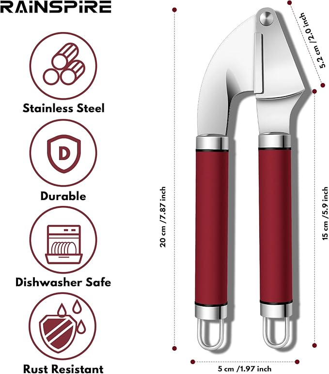 Rainspire Premium Garlic Press Stainless Steel, Garlic Mincer Tool, Garlic Crusher Tool, Garlic Smasher Garlic Masher Includes Silicone Garlic Peeler & Cleaning Brush, Dishwasher Safe (Red)