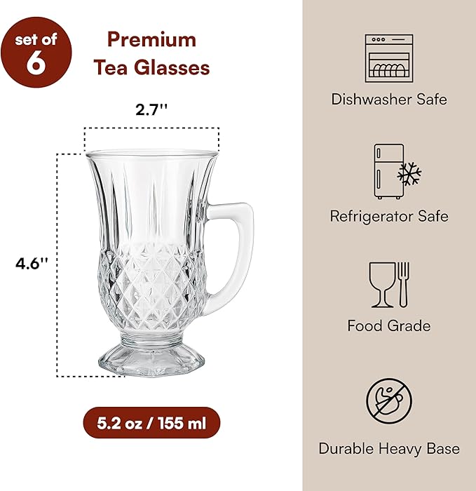 Footed Turkish Tea Glasses With Handle, Set of 6 Cups, Crystal Clear Tea and Latte Glasses, Slim Waist Design and Thick Sole Prevent the Drinks From Getting Cold, Dishwasher Safe, 5.5 oz