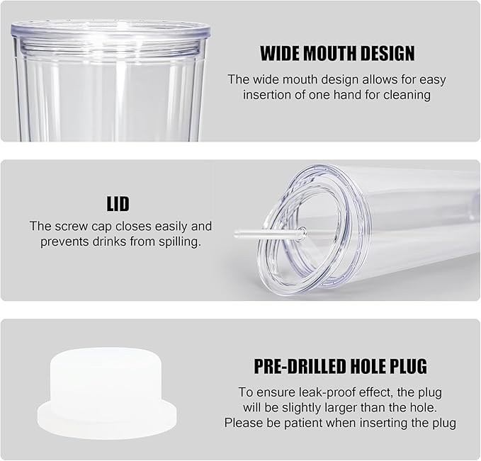 AGH 24Oz Snow Globe Tumbler(4 Pack) - Double Wall Acrylic Cups with Lids and Straws, Plastic Snow Globe Cups Pre Drilled with Hole Plug for Snowglobe DIY