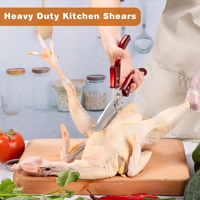Kitchen Shears turkey shears for food - Stainless Steel Poultry Shears Heavy Duty for Meat Bones Seafood, All Purpose Food Scissors, Detachable Blades, Ergonomic Handle, Dishwasher Safe, Red