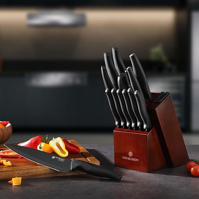 Wanbasion 15Pcs Kitchen Knife Block Set with Sharpener, Sharp Kitchen Knives Set with Block, Stainless Steel Knife Set with Block Dishwasher Safe Black
