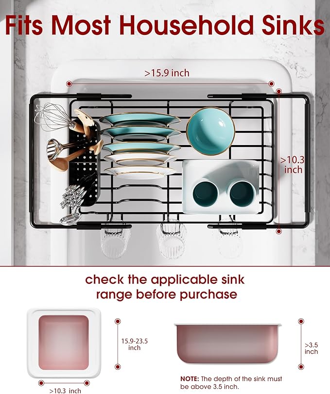 Dish Drying Rack in Sink - Expandable Stainless Steel Dish Rack Over the Sink, Kitchen Sink Drain Strainer with Cutlery Holder & Cup Holders, 15.4 x 9.8 x 3.0 Inch, Black
