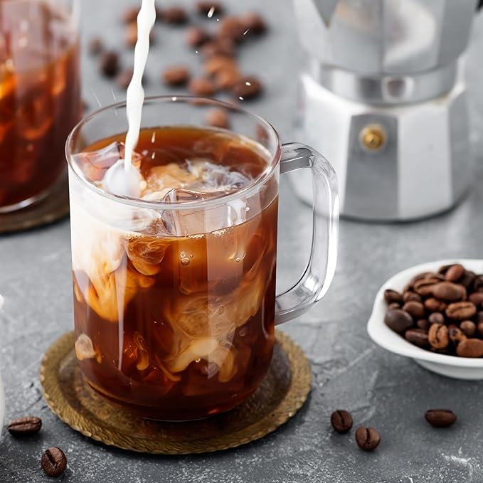 Glass Coffee Mugs, 12 oz iced coffee cups, Clear Tea Cups Set of 2, Glass Mugs with Handles, Glass Cups for Latte, Cappuccino, and Tea