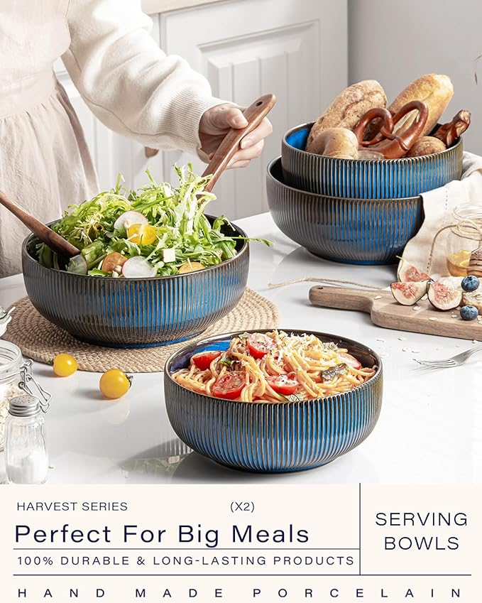 getstar Large Serving Bowls Ceramic Salad Bowl Set of 2, 8 Inch & 60 fl oz, Microwave and Dishwasher Safe, Farmhouse Kitchen Decorative Bowls Set, Embossed Stripes, Vintage Blue