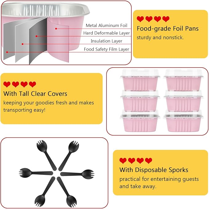 LNYZQUS 10oz Mini Cake Pans With Lids 40 Pack, Aluminum Foil Square Brownie Baking Cups,Disposable 4”x4” Large Cupcake Pan,Jumbo Muffin Tin Ramekins Holders-Pink