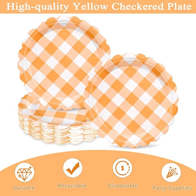 48 Pcs 7" Orange Gingham Paper Plates, Disposable Orange and White Checkered Party Plates with Scalloped Edges, Fall Plaid Dessert Plates for Pumpkin Baby Shower, Picnic, Thanksgiving, Birthday Party