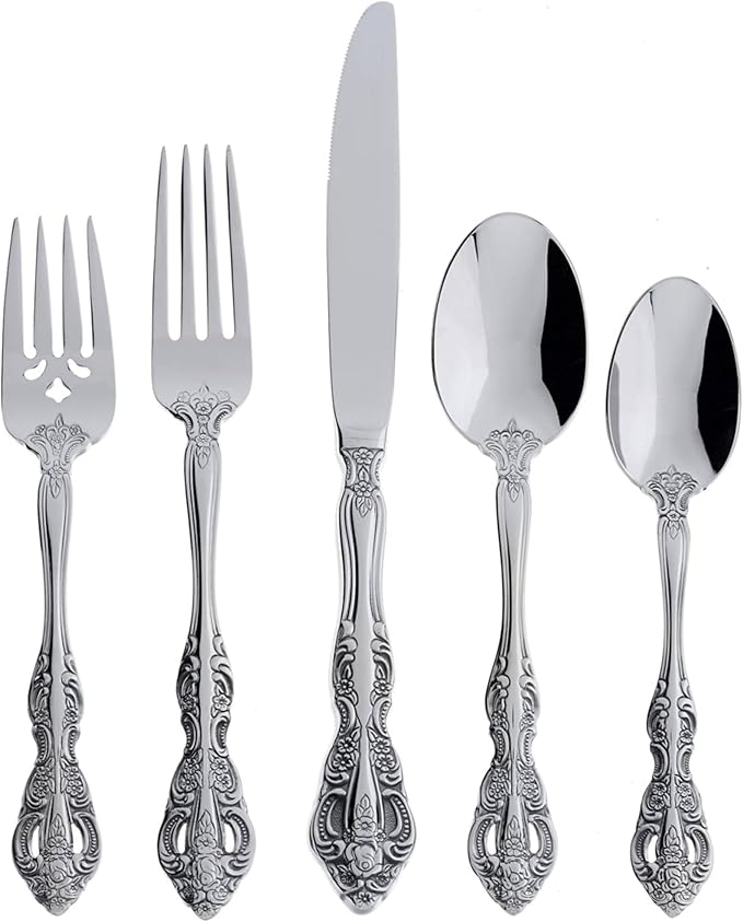 Oneida Silverware Set For 4, Michelangelo 20-Piece Fine Flatware Set, Service For 4, Heavyweight 18/10 Stainless Steel, Mirror Finish, Dishwasher Safe, Knives Spoons & Forks Sets (Silver, 20 Piece)