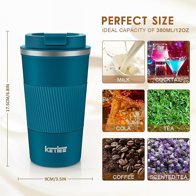 KETIEE Travel Coffee Mug 12oz: Insulated Coffee Cup with Leakproof Lid, Coffee Tumbler, Vacuum Stainless Steel Reusable Coffee Cups, Coffee Mug to Go for Hot/Iced Water (Blue)