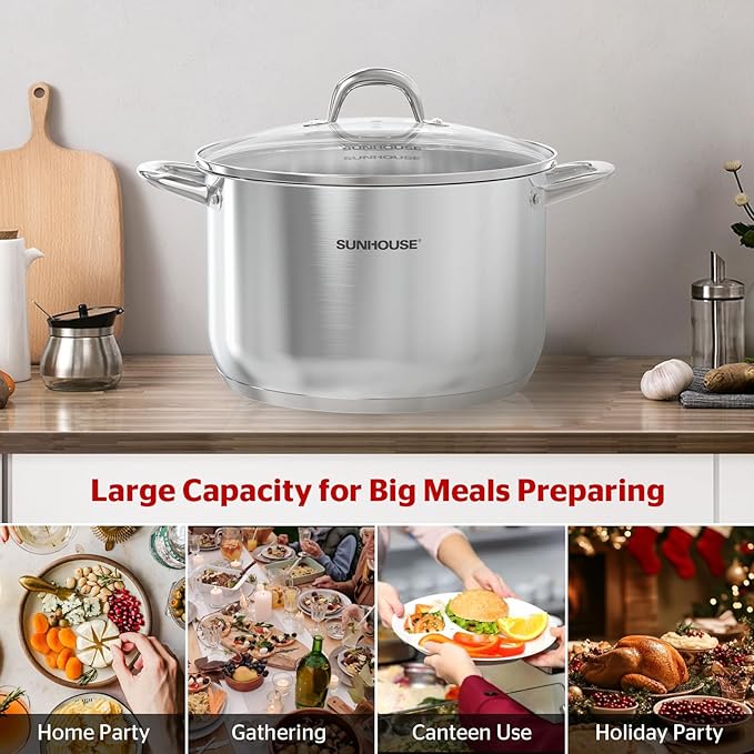 SUNHOUSE Stainless Steel Stock Pot - 16 Quart Heavy-Duty Induction Cooking Pot with Visible Lid for Pasta, Soup, Spaghetti - Nonstick Thick-Bottom Deep Stockpot for Canning, Boiling, and Simmering