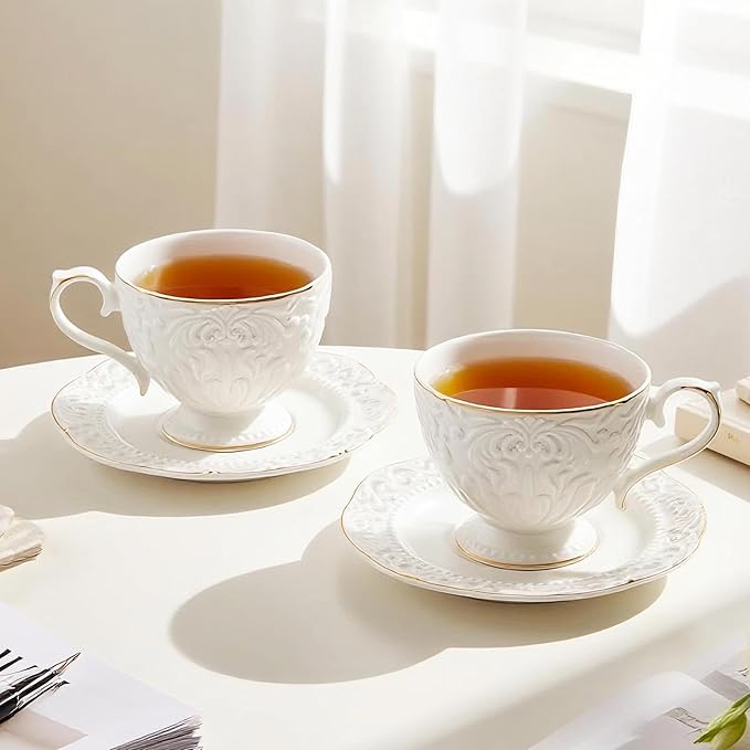 Cups and Saucers Tea Cups Set of 2, Ceramic Coffee Cups with Floral Embossed Design, 200ml (7 oz) Tea Cups and Saucers Porcelain Mugs for Birthday Party Cafe Home Gift