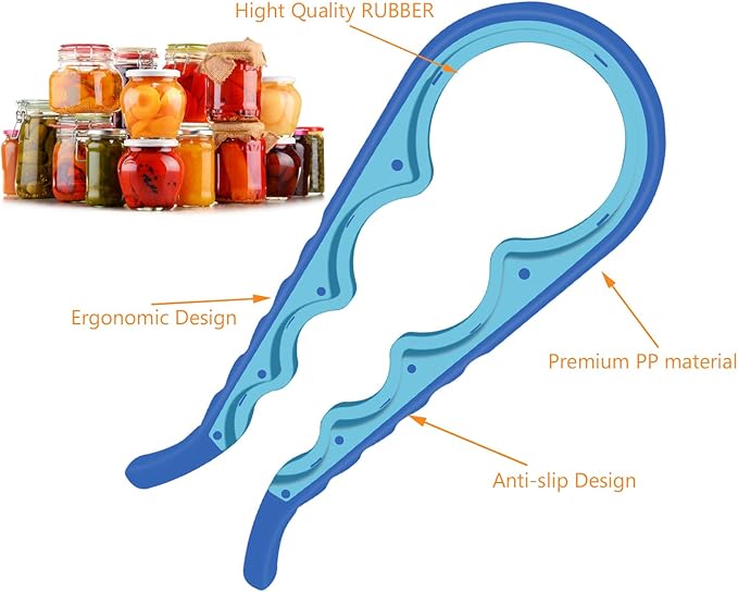 5-in-1 Multi-Functional Bottle, Jar, and Can Opener with Silicone Handle for Children, Elderly, and Arthritis Sufferers (Blue)