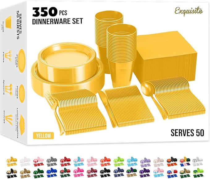 350 Pcs Yellow Plastic Plates For Party, Yellow Disposable Plates Set, 50 Of Each 9" Dinner Plate Set, 7" Dessert Plate, Cups, Napkins & Cutlery Plastic Dinnerware Set Exquisite