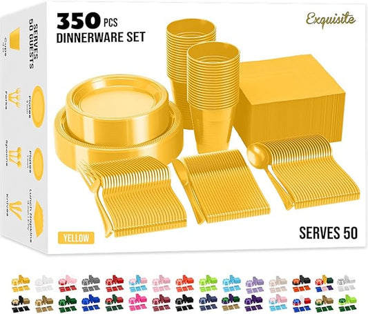 350 Pcs Yellow Plastic Plates For Party, Yellow Disposable Plates Set, 50 Of Each 9" Dinner Plate Set, 7" Dessert Plate, Cups, Napkins & Cutlery Plastic Dinnerware Set Exquisite