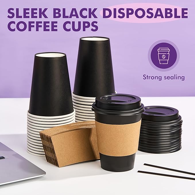 12 oz 50 Pack Black Disposable Paper Coffee Cups with Lids, Sleeves and Straws, Disposable Hot Cups for Coffee, Tea, Cocoa, Water