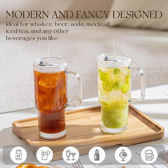 KEMORELA 2-Pack 26oz Ribbed Glass Tumblers with Handle and Lid – Large Aesthetic Iced Coffee Cups with Straws, Modern Textured Glass Mugs for Smoothies, Tea, Juice & Cold Beverages, Dishwasher Safe