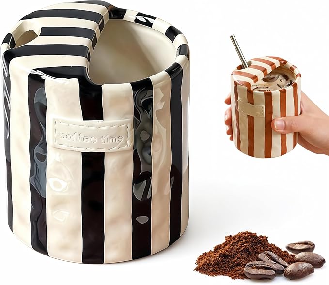 Shelprojsu 10oz Ceramic Coffee Mug,Retro Striped Coffee Cups,with Sip hole Espresso Ceramic Cup,novelty Hand-Painted Striped Travel Mugs-ideal Gift for Coffee Lovers(Black)