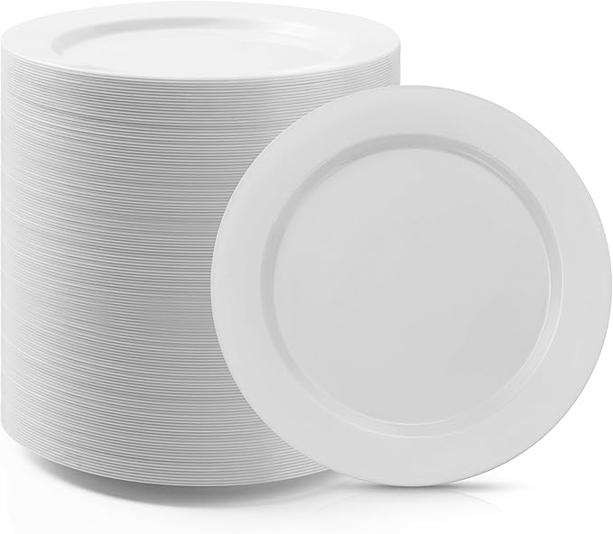 100PCS White Plastic Dinner Plates 10inch, Premium Hard Disposable Plates for Party, Wedding
