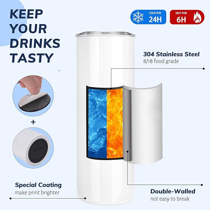 D·S 8 Pack Sublimation Tumblers 20 oz Bulk Skinny Straight Flat Bottom Blank Tumbler Cups with Individual Gift Boxed for Heat Transfer DIY Craft