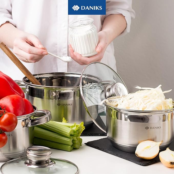 Daniks Standard 2 Quart Stainless Steel Stock Pot with Glass Lid, Try-Ply Bottom for Even Heating, Induction Compatible, Dishwasher Safe, Built-In Measuring Scale, Silver