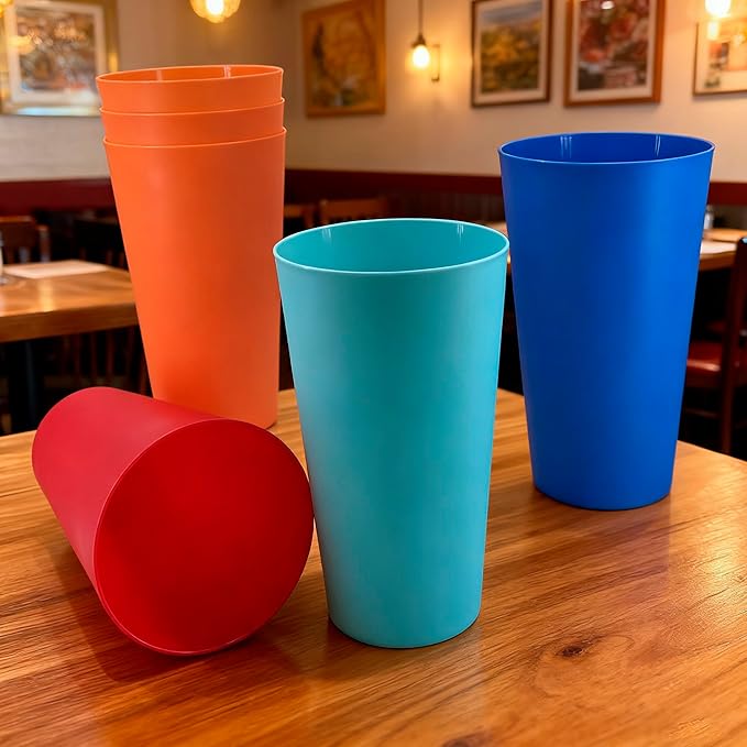 32 oz Large Plastic Cups Reusable, Big Drinking Cups for Kitchen, Stackable Water Tumblers, BPA-free, Dishwasher Safe, Unbreakable Bright Colors set of 12 Indoor Outdoor Use