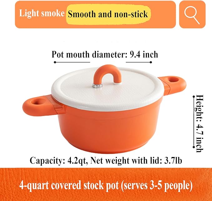 Alpstone 4QT Nonstick Stock Pot with Lid, Ceramic Casserole with Die-cast lid, Non-toxic Kitchen Soup Pot, Family Cooking Pots PFAS and PFOA Free (Orange Color)