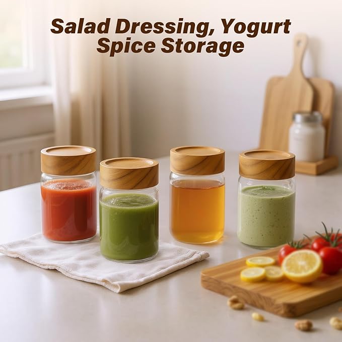 6pc 8 fl oz Glass Mason Jars with Acacia Wood Airtight Lids - Food Storage Container Set, Clear Stackable Leakproof Kitchen Canisters for Meal Prep/Snack Organization/Spice Storage