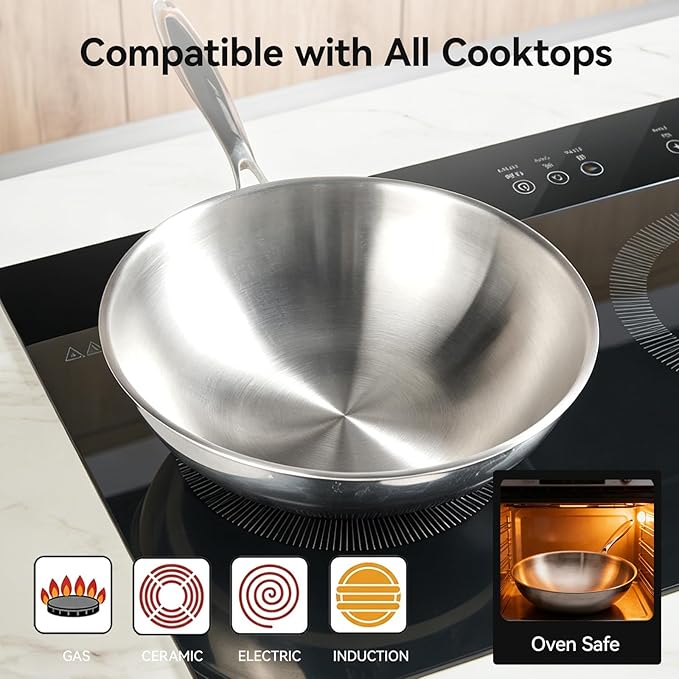 WANGYUANJI 12" Stainless Steel Wok Pan with Lid for 3-4 Servings, 4.2 QT Tri-Ply Flat Bottom Stir Fry Pan for Asian Cuisine, 18/10 (304) Induction Wok, Oven Safe