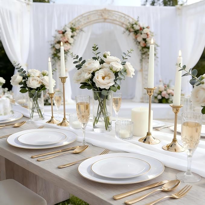 KIRE 60PCS Gold Plastic Plates - Heavy Duty White Disposable Plates with Gold Rim for Wedding/Easter/Spring/Ramadan - Include 30Pieces 10.25inch Dinner Plate and 30Pcs 7.5inch Dessert Plate