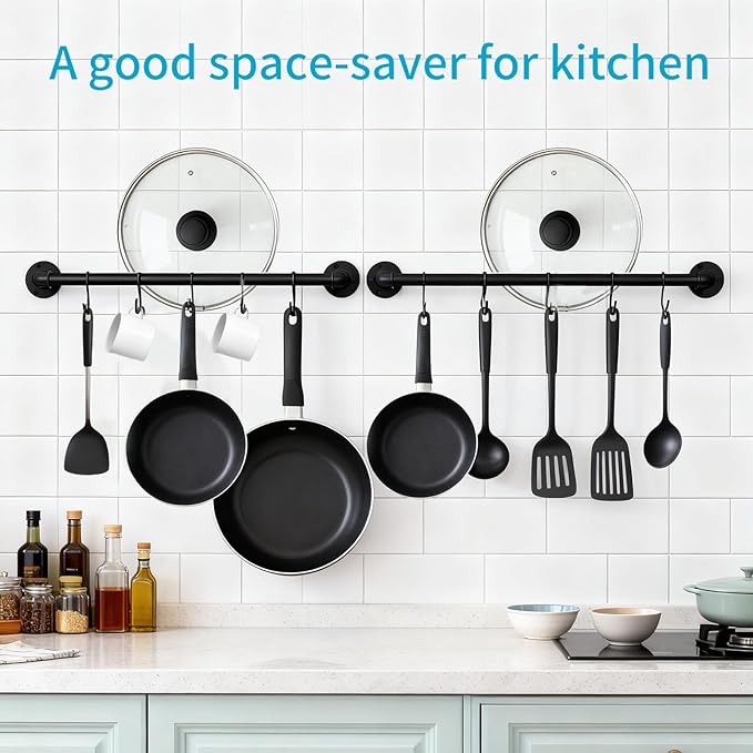 Wall Mounted Pan Pot Rack 21'' Set of 2, Industrial Iron Pipe Utensils Lid Organizer Wall Hanger Bar Kitchen Hanging Rail with 10 S Hooks