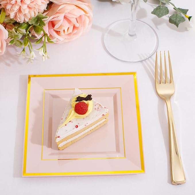 bUCLA 100PCS Pink Square Plastic Plates - 6inch Disposable Pink and Gold - Premium Hard Square Small Appetizer/Cake Plates for Wedding, Party & Easter