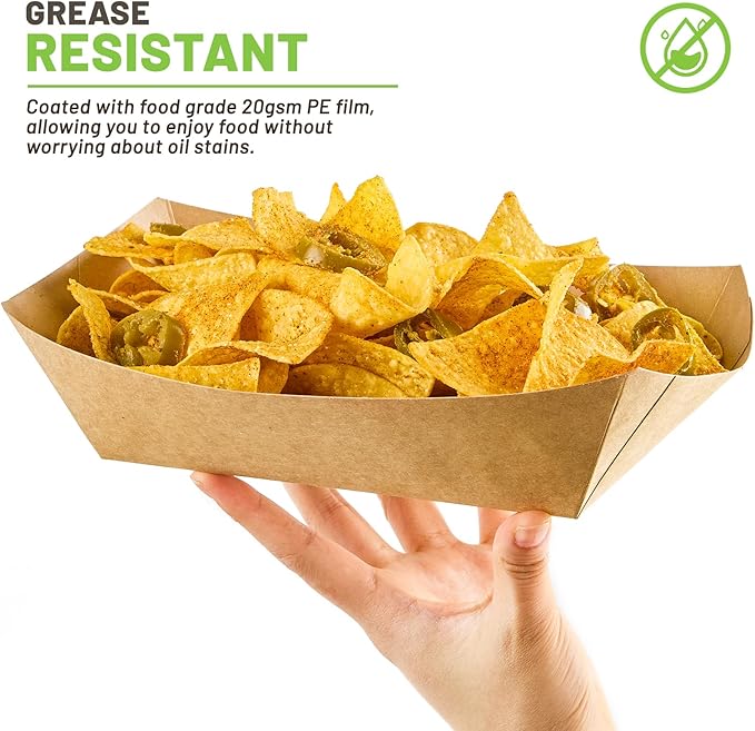 5 LB Extra Large Paper Food Trays, 50 Pack Disposable Nacho Trays Kraft Paper Food Boats Party Serving Baskets for Sandwiches Burgers Popcorns Snacks