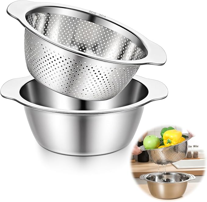 304 Stainless Steel Microporous Colander with Handle, 2QT Rice Washer Strainer with Mixing Bowl, Stainless Steel Colander for Kitchen, Microporous Strainer Set for Washing Vegetables Fruits Rice