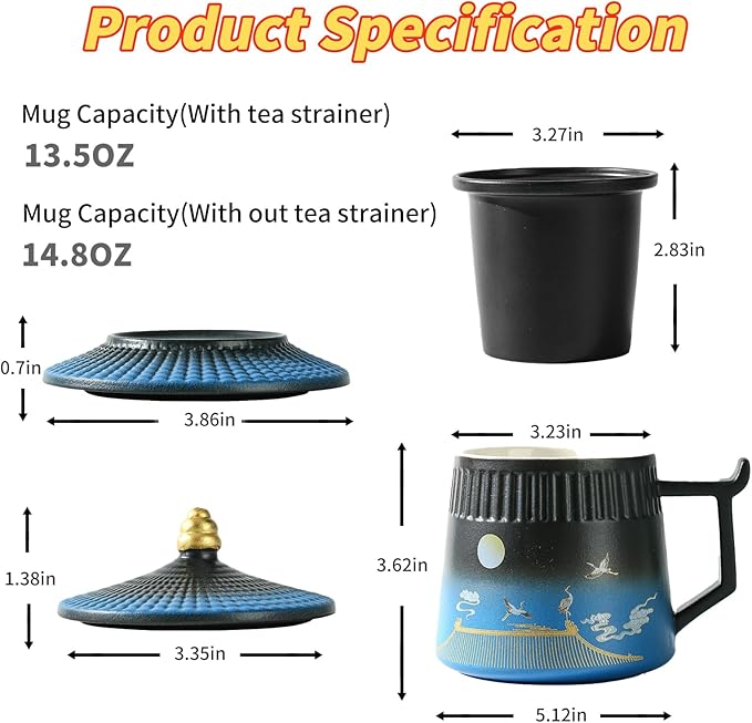 Tea Cup with Infuser and Lid,Loose Leaf Tea Steeper Cup 14.8oz Ceramic tea Infuser Mug Travel Large Steeping Cup Diffusers Mugs with Fine Strainer and Handle (Black&Blue)