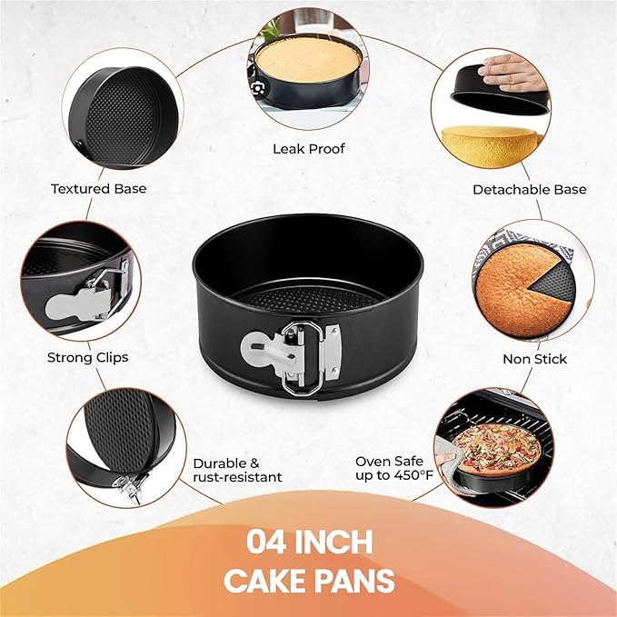 RFAQK 4-Inch Mini Cake Pans Set for Baking - Nonstick 4PCs Small Cheese Pans for Cheesecakes, Pizzas, Quiches, and More! Perfect for Baking Small, Smash, and Mini Treats