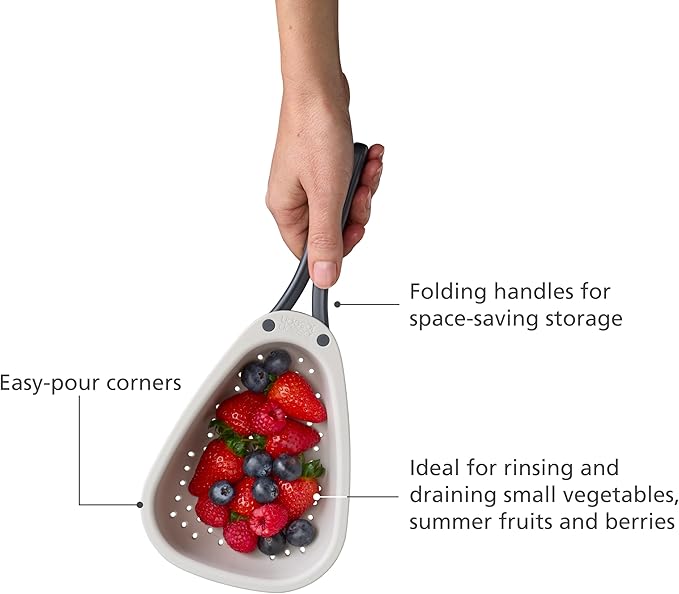 Joseph Joseph Droplet Mini Colander with Folding Handles, Kitchen Strainer for Small Vegetable, Fruits & Berries, Space-Saving