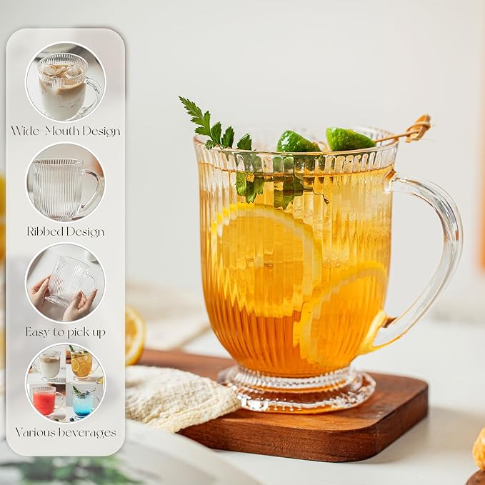 Glass Coffee Mugs Set of 4, Ribbed Large Coffee Mug 16 Oz With Handles for Hot Beverages, Clear Mugs for Tea, Cappuccino, Latte, Espresso Coffee, Glass Coffee Cups Large Coffee Mug, for Hot Beverages