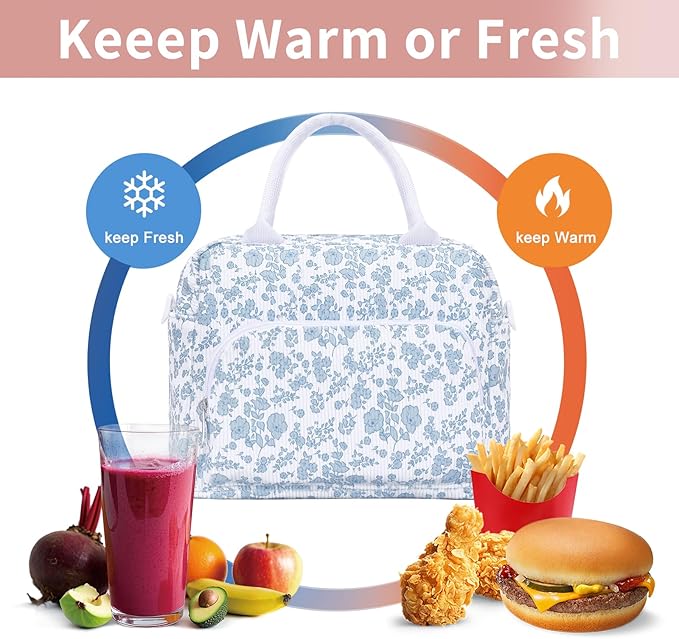 Lunch Box for Women Insulated Lunch Bag Women Adult Cute Lunch Bags Reusable Lunchbox Cooler Tote Bag for Work Picnic (Blue-Floral)