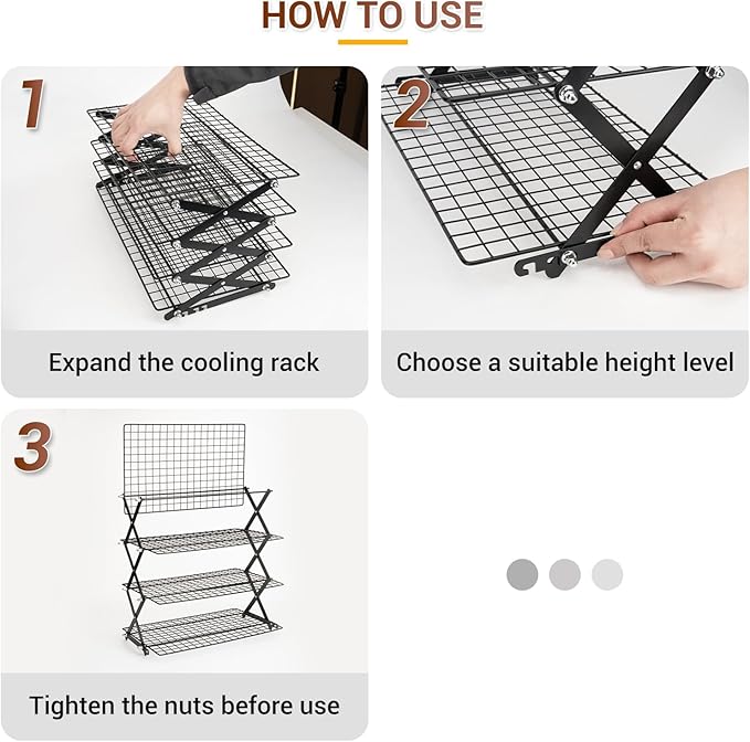4-Tier Collapsible Cooling Rack - Adjustable Stackable Cooling Rack for Cooking and Baking, 16" x 10" Cookie Cooling Rack, Drying Rack - Black