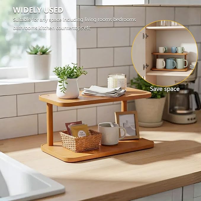 2 Tier Countertop Shelf for Coffee Mugs & Kitchen Counter Organization - Multi-Purpose Tiered Wooden Stand for Cupcakes, Spices, Makeup, Rustic Tabletop Decor