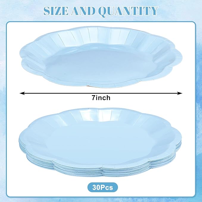 30 Pcs Light Blue Plates 7 Inch Scalloped Paper Plates Baby Blue Dessert Cake Plate Cute Plate Disposable for Wedding, Boy Baby Shower, Birthday, Easter Party