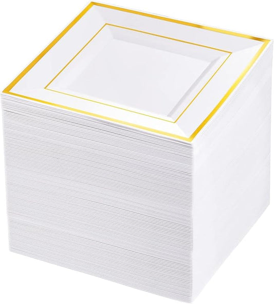 bUCLA 100PCS Gold Square Plastic Plates - 6inch Disposable Dessert/Cake Plates - Premium Hard Square Small Appetizer Plates for Wedding&Party