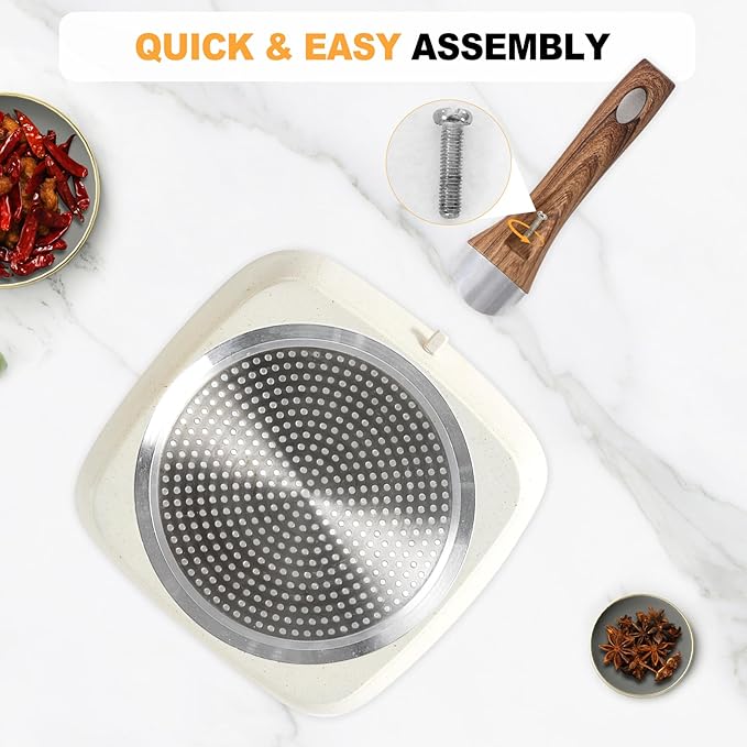 OLIXIS Nonstick Frying Pan Skillet Set, 3 Piece Square Grill Pans for Indoor Outdoor RV Camping Cooking, PFOA Free Skillet Set with Stay Cool Handle, Compatible with All Stovetops (9.5" 10" 11") White
