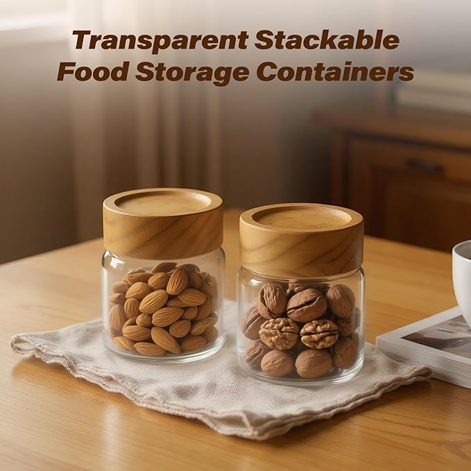 6-Pack 6 fl oz Airtight Food Sealed Jars with Acacia Wood Lids - Glass Meal Prep Containers for Overnight Oats, Snack Storage, Chia Pudding, Pantry Organization Essentials