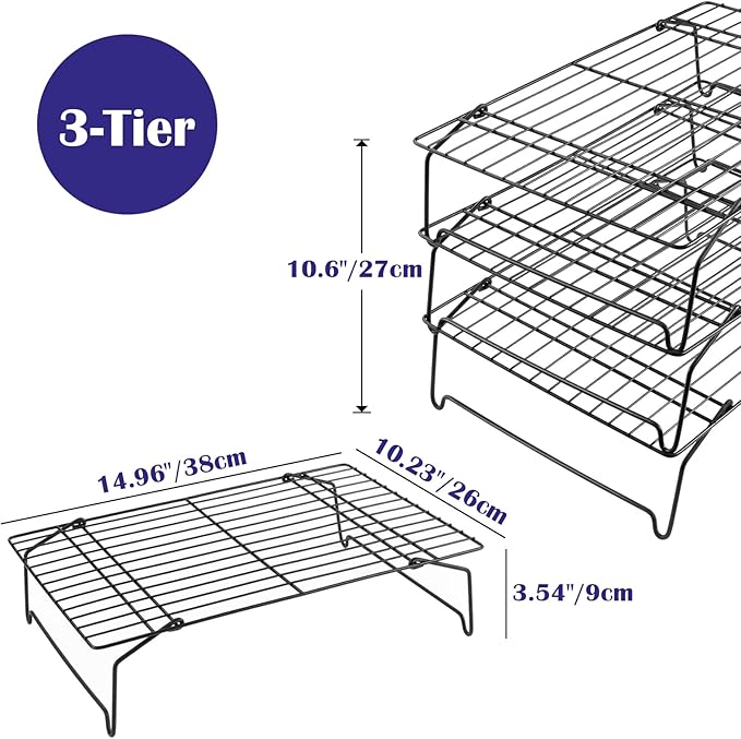 Leonyo Cooling Rack, 3 Tier Stainless Steel Stackable Cooling Racks for Baking, Cooking, Roasting, Grilling, Cool Batches of Cookie, Collapsible & Heavy Duty, Oven Safe & Easy Clean, 15" x 10", Black