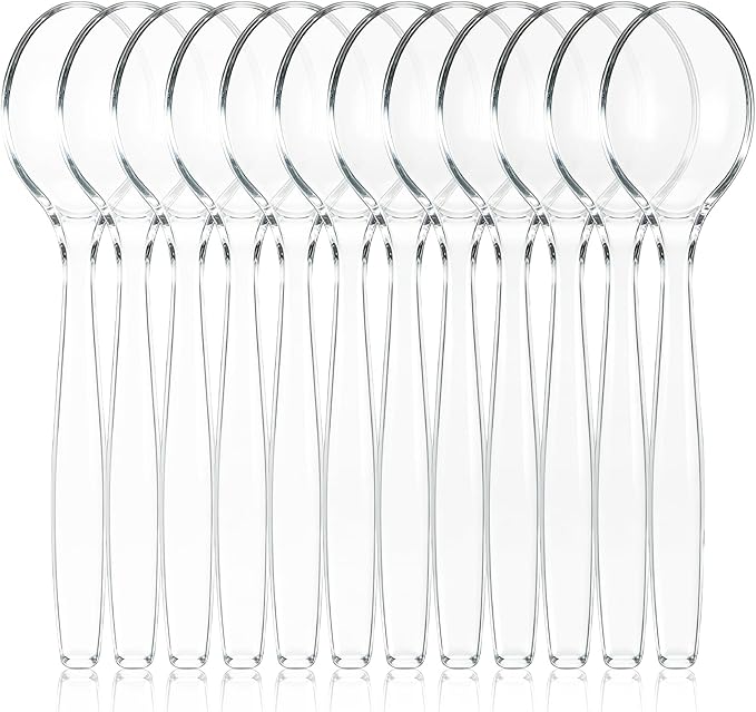 CXPSINC 12 Count Clear Plastic Serving Spoons, 10" Disposable Heavy Duty Plastic Serving Utensils for Catering Weddings Parties Buffets Events and Stock Your Home (Clear, 12PCS Spoons)